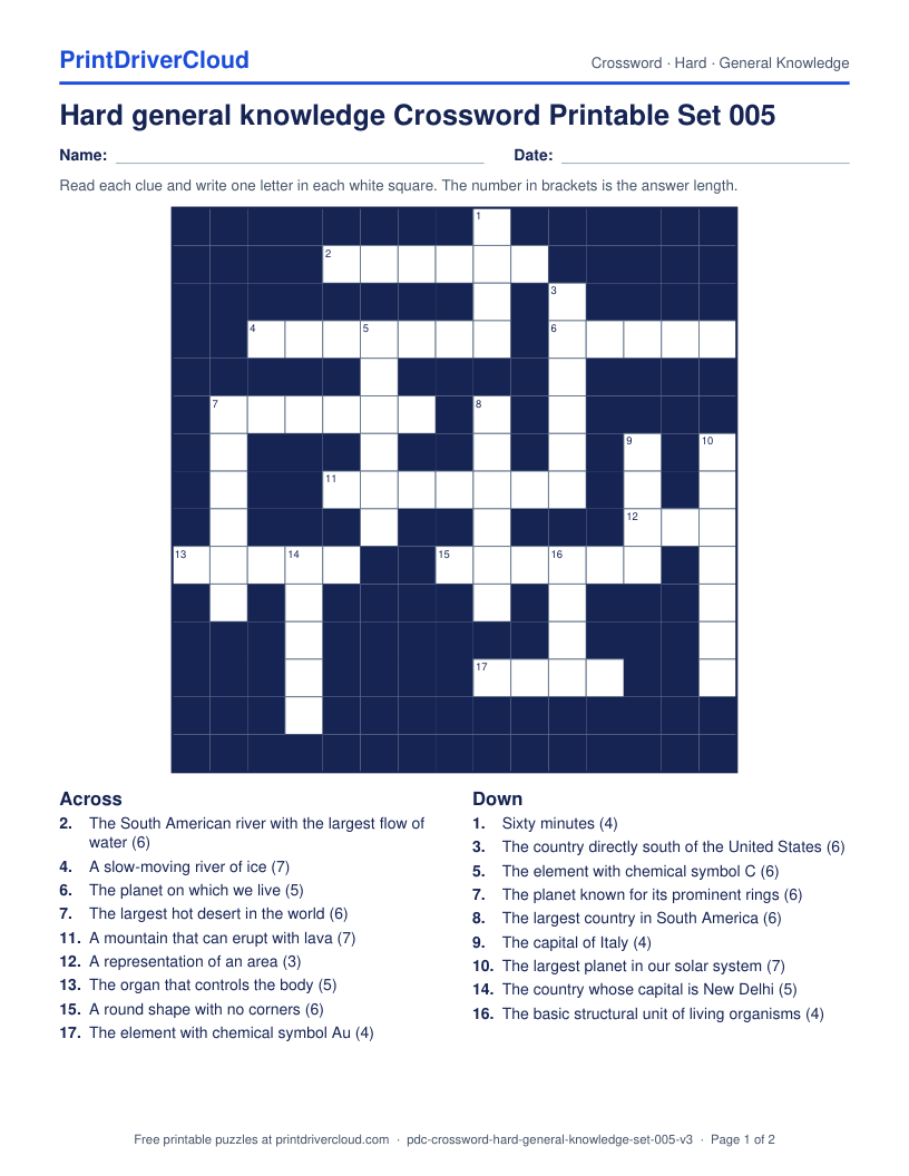 Hard General Knowledge Crossword Printable Set 005 preview