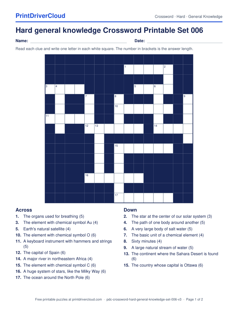 Hard General Knowledge Crossword Printable Set 006 preview