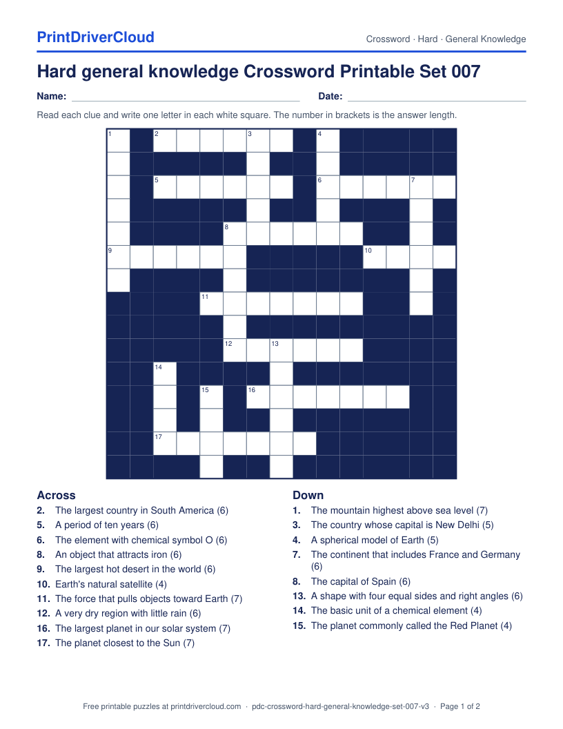 Hard General Knowledge Crossword Printable Set 007 preview
