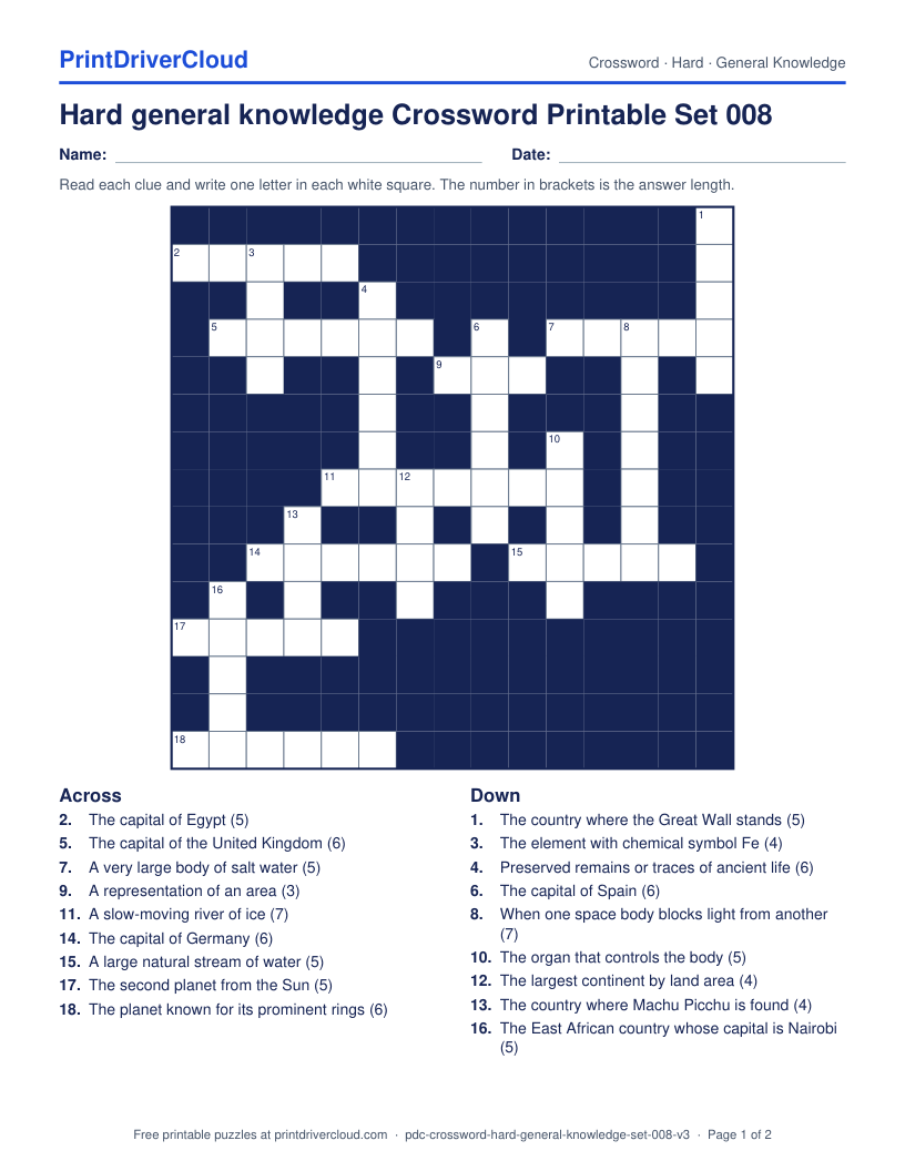 Hard General Knowledge Crossword Printable Set 008 preview