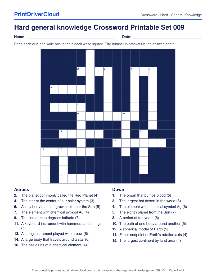 Hard General Knowledge Crossword Printable Set 009 preview