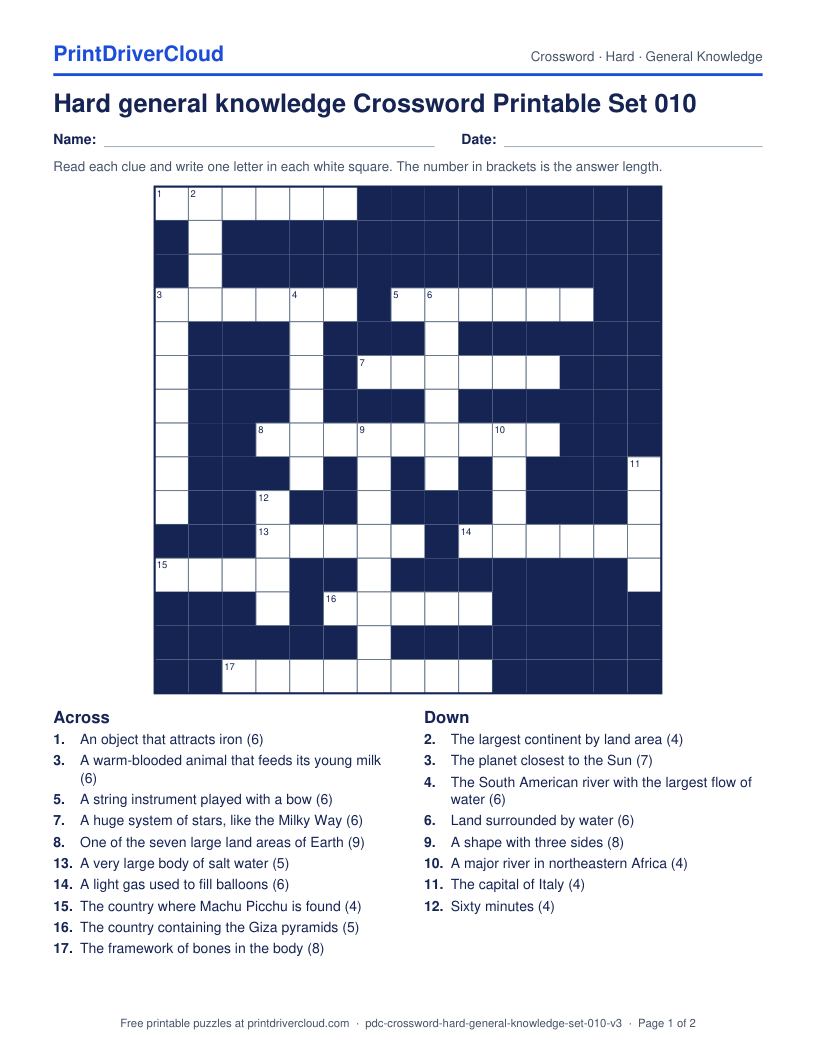 Hard General Knowledge Crossword Printable Set 010 preview