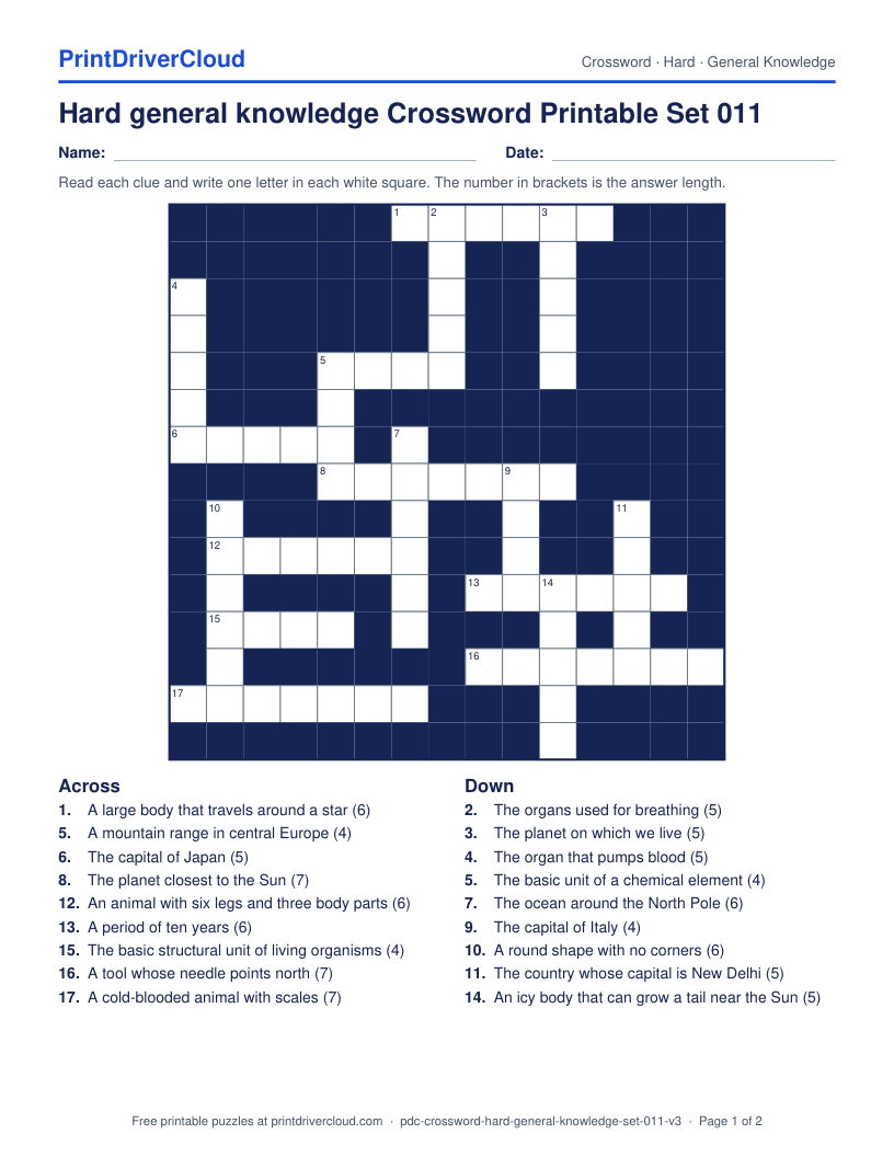 Hard General Knowledge Crossword Printable Set 011 preview