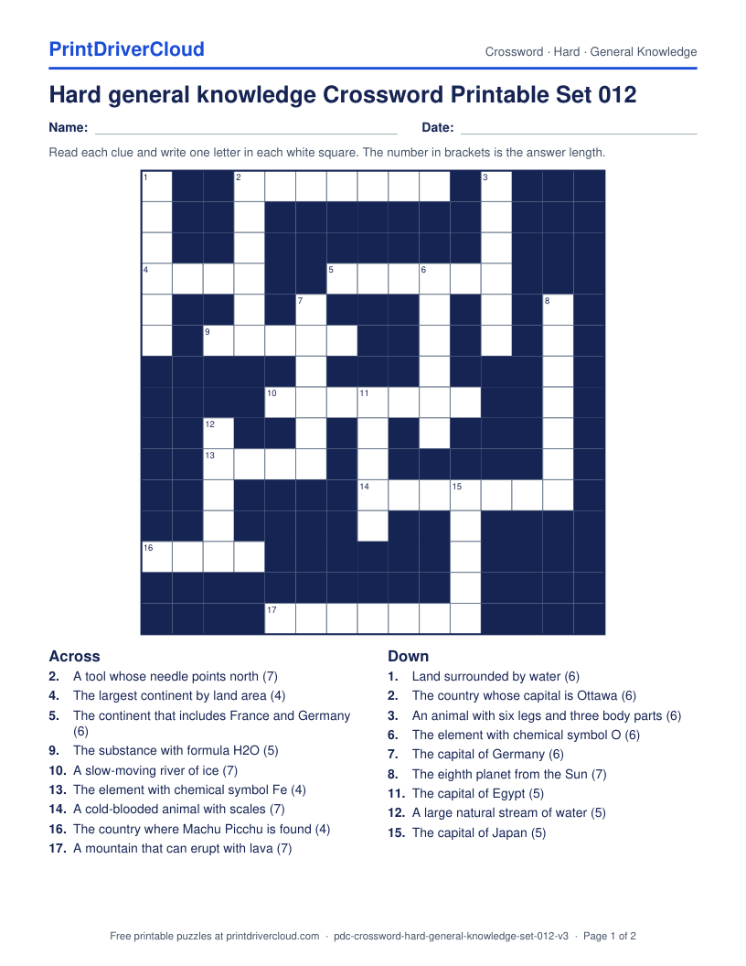 Hard General Knowledge Crossword Printable Set 012 preview
