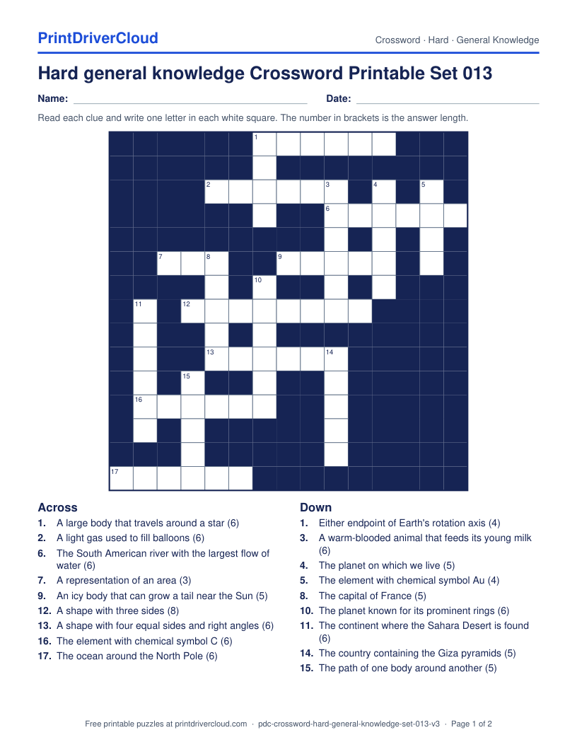 Hard General Knowledge Crossword Printable Set 013 preview