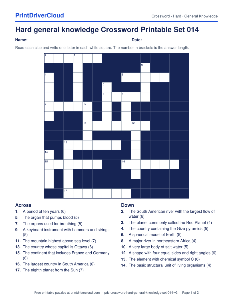 Hard General Knowledge Crossword Printable Set 014 preview
