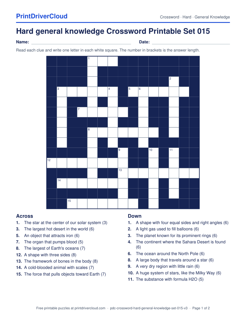 Hard General Knowledge Crossword Printable Set 015 preview