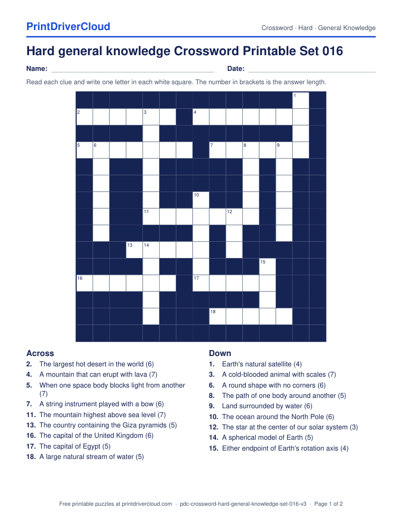 Hard General Knowledge Crossword Printable Set 016 preview