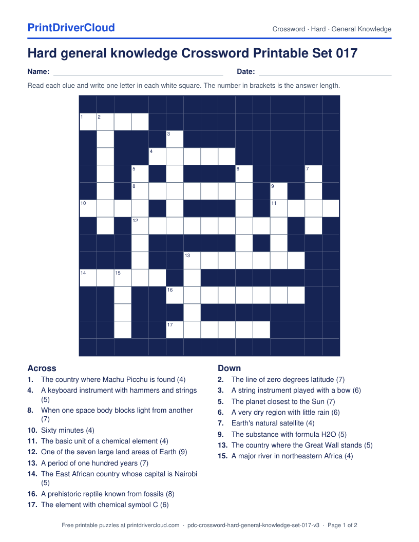 Hard General Knowledge Crossword Printable Set 017 preview