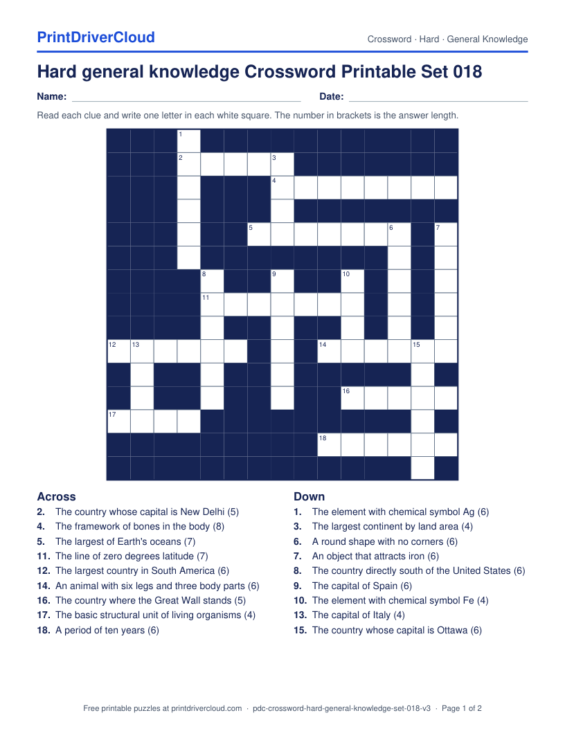 Hard General Knowledge Crossword Printable Set 018 preview