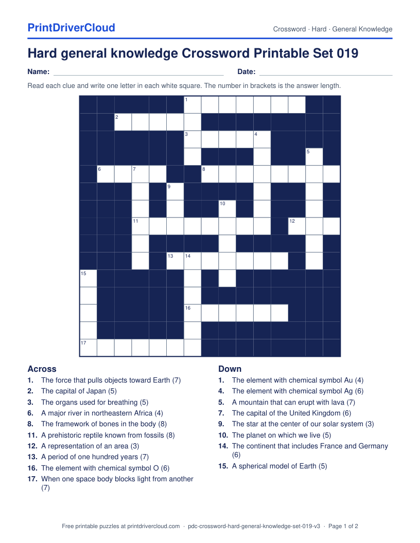 Hard General Knowledge Crossword Printable Set 019 preview