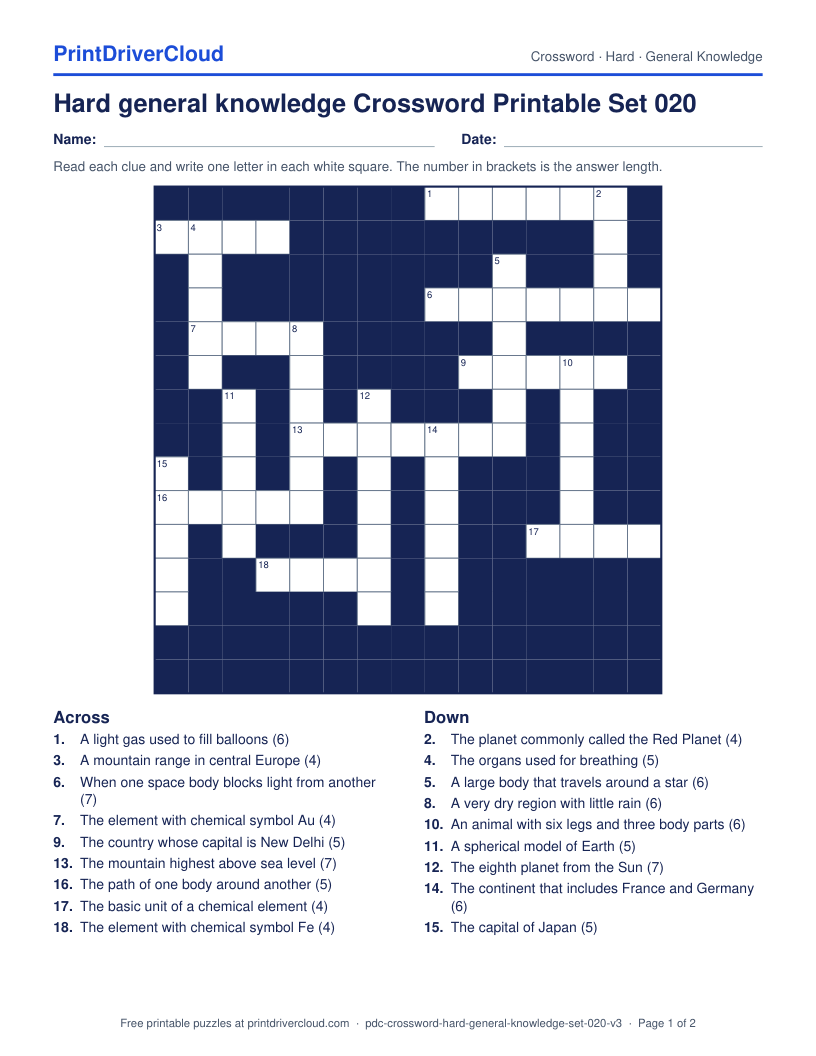 Hard General Knowledge Crossword Printable Set 020 preview