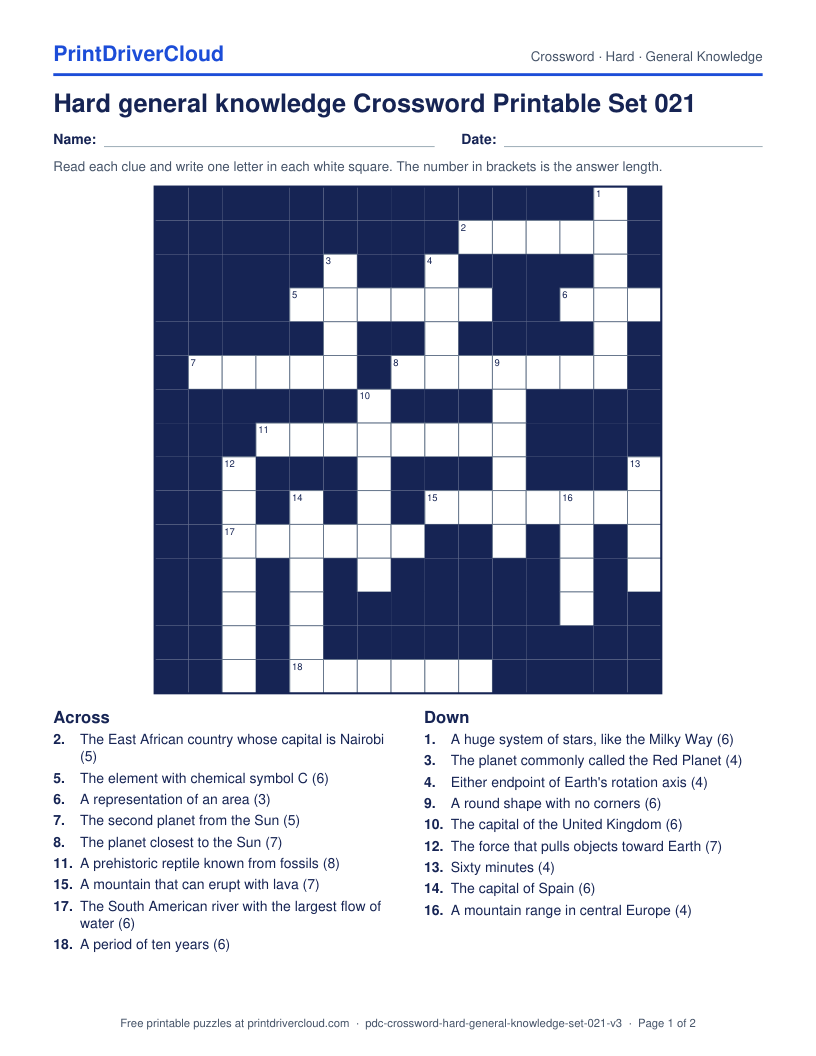 Hard General Knowledge Crossword Printable Set 021 preview