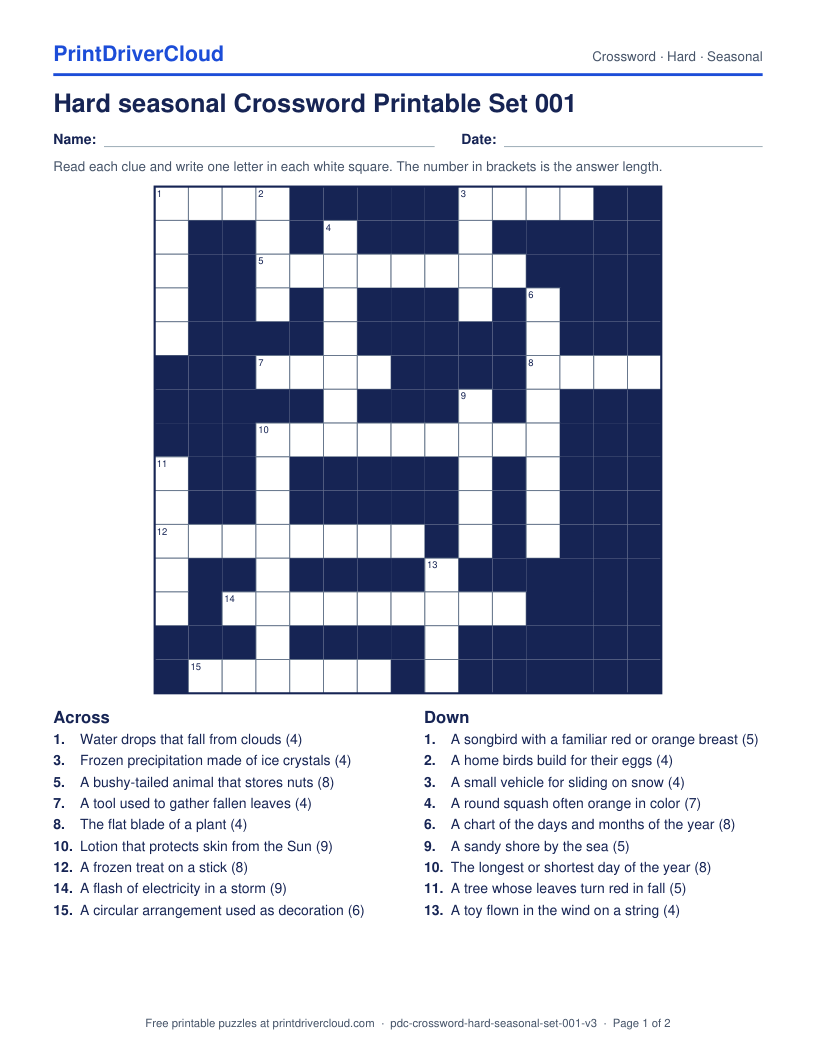 Hard Seasonal Crossword Printable Set 001 preview