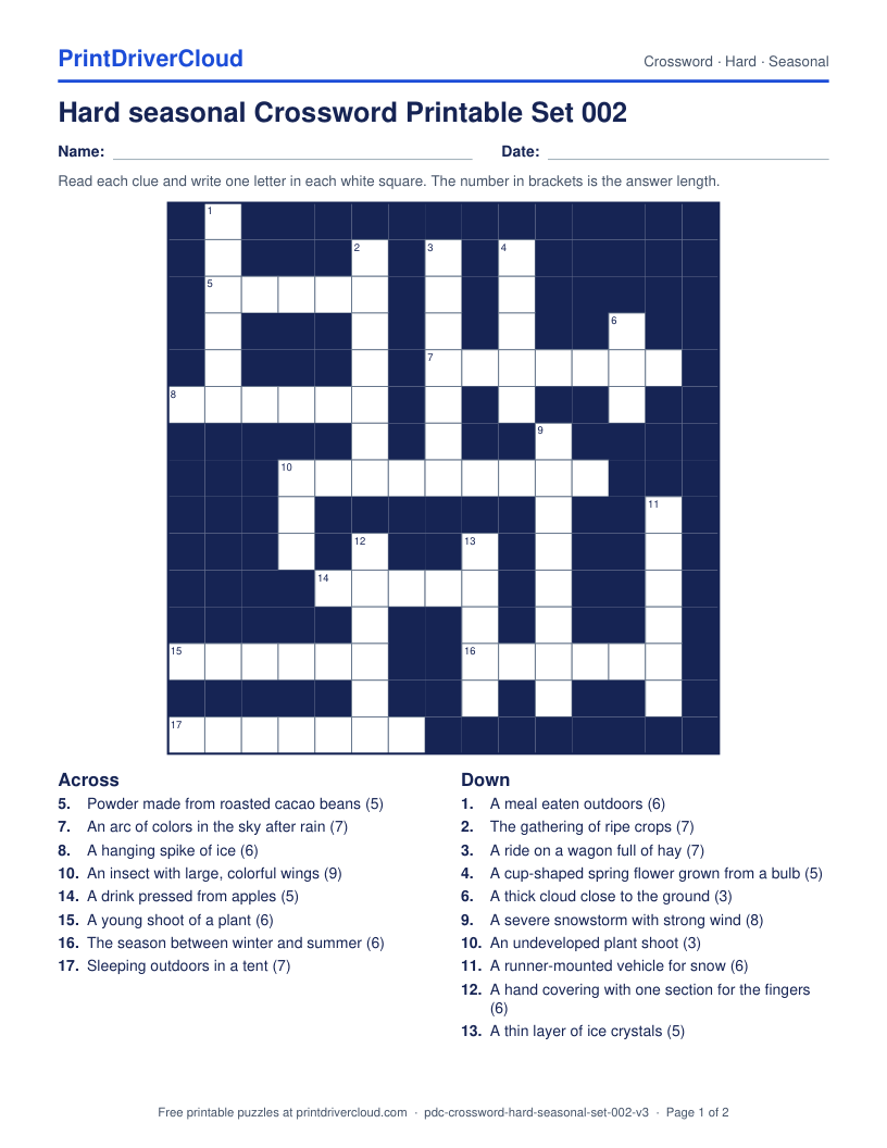 Hard Seasonal Crossword Printable Set 002 preview