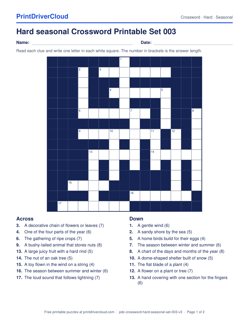 Hard Seasonal Crossword Printable Set 003 preview