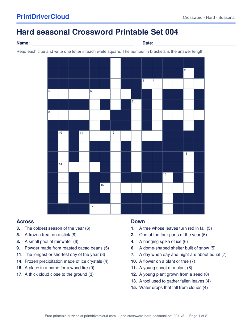 Hard Seasonal Crossword Printable Set 004 preview