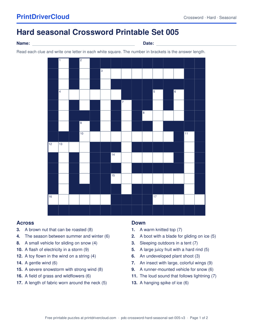 Hard Seasonal Crossword Printable Set 005 preview