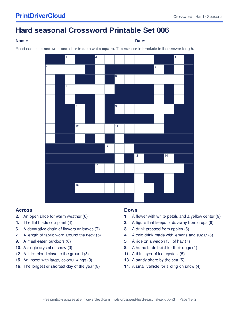 Hard Seasonal Crossword Printable Set 006 preview