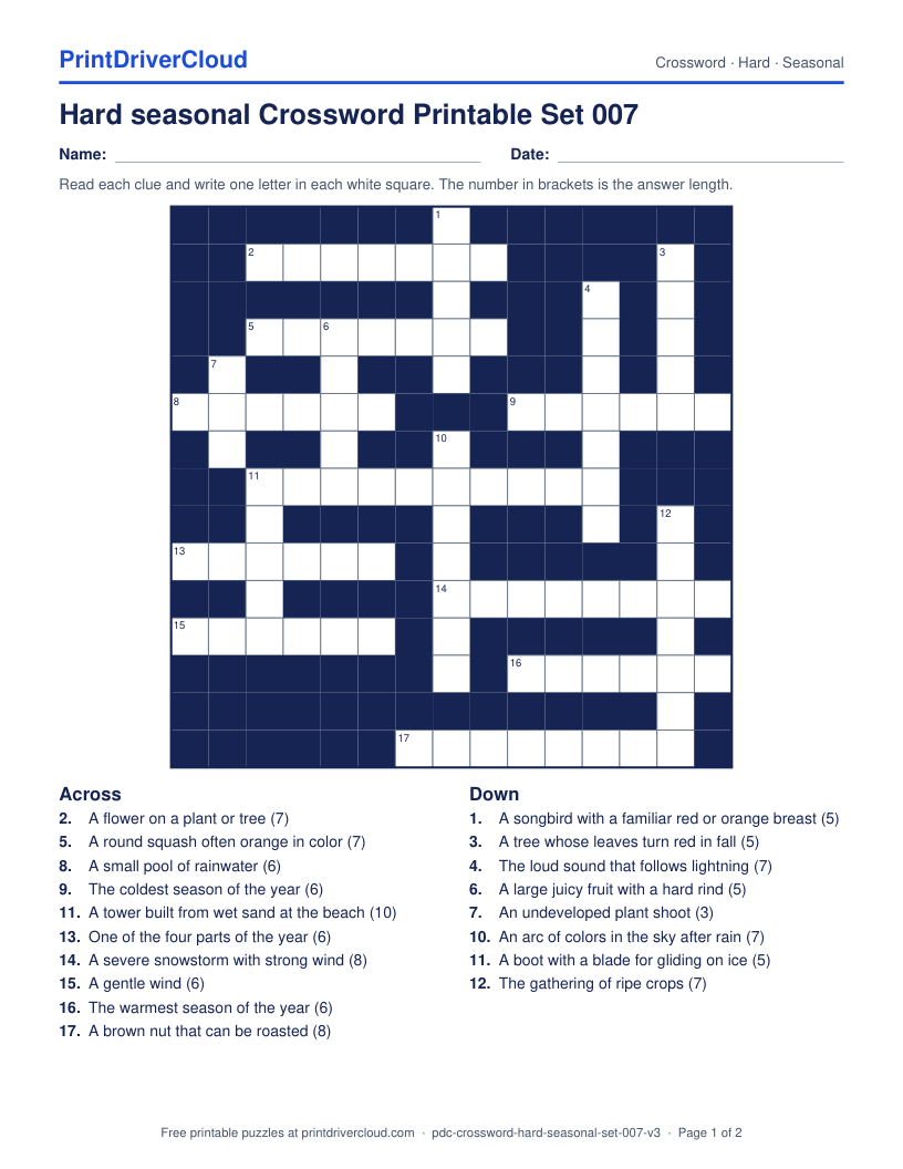 Hard Seasonal Crossword Printable Set 007 preview