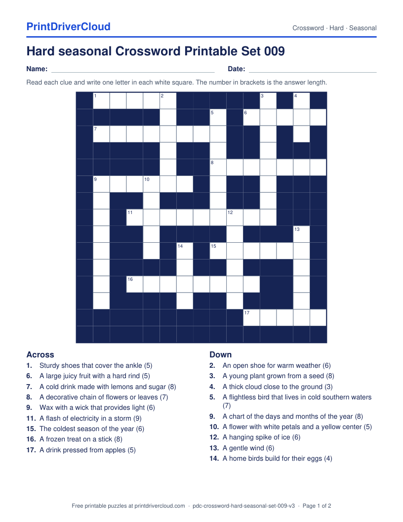 Hard Seasonal Crossword Printable Set 009 preview