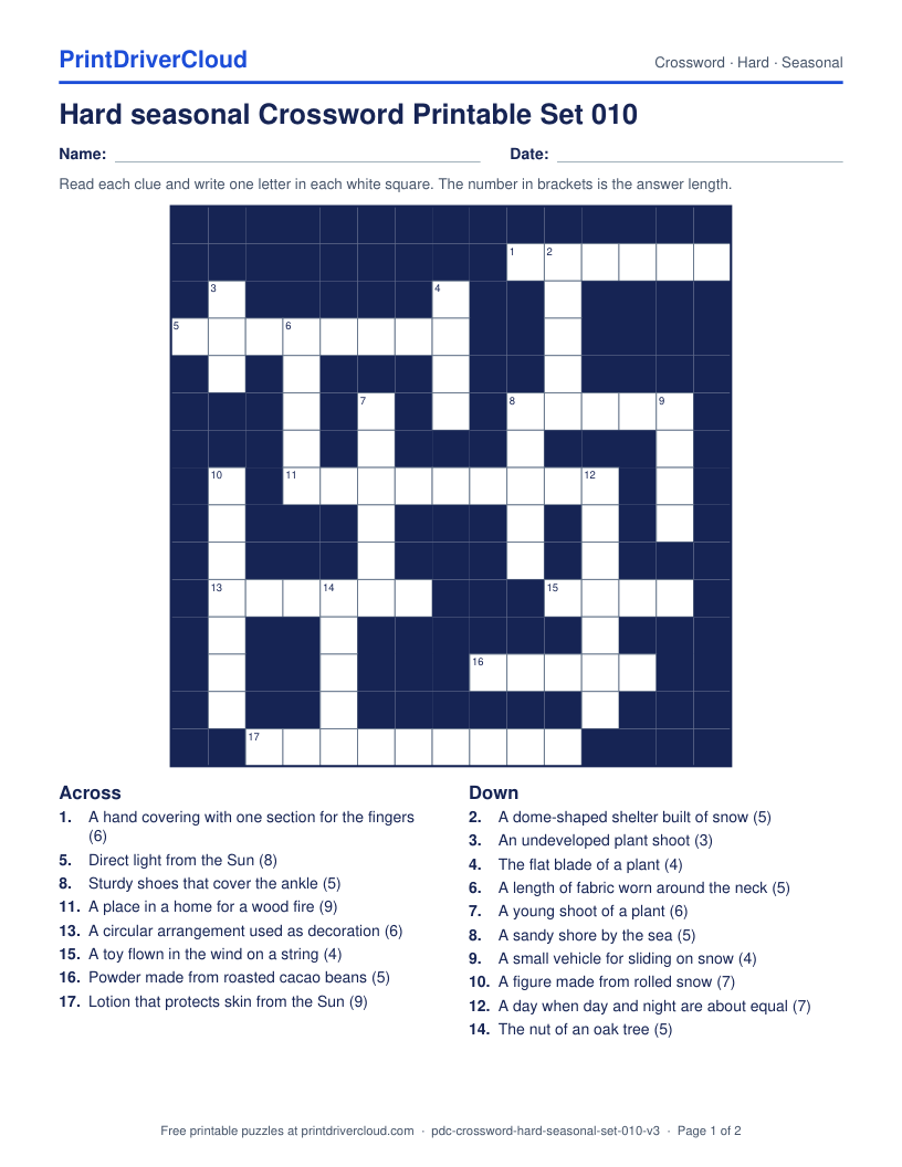 Hard Seasonal Crossword Printable Set 010 preview