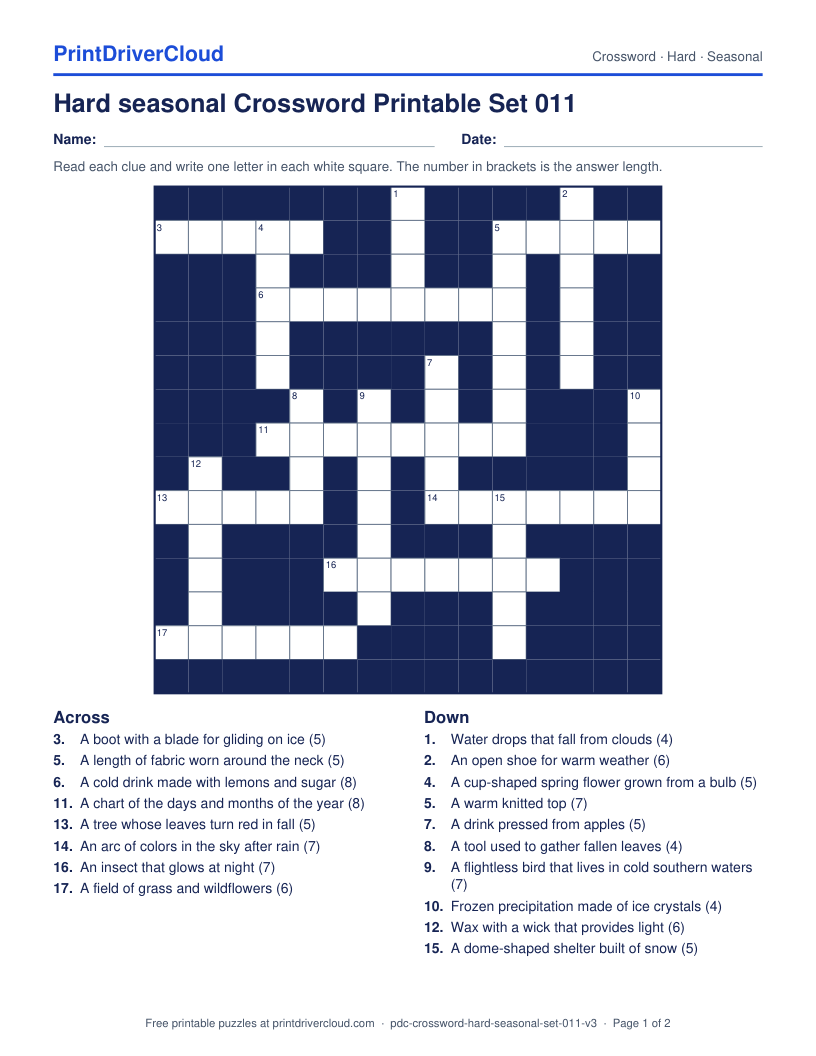 Hard Seasonal Crossword Printable Set 011 preview