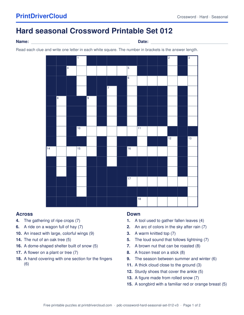Hard Seasonal Crossword Printable Set 012 preview