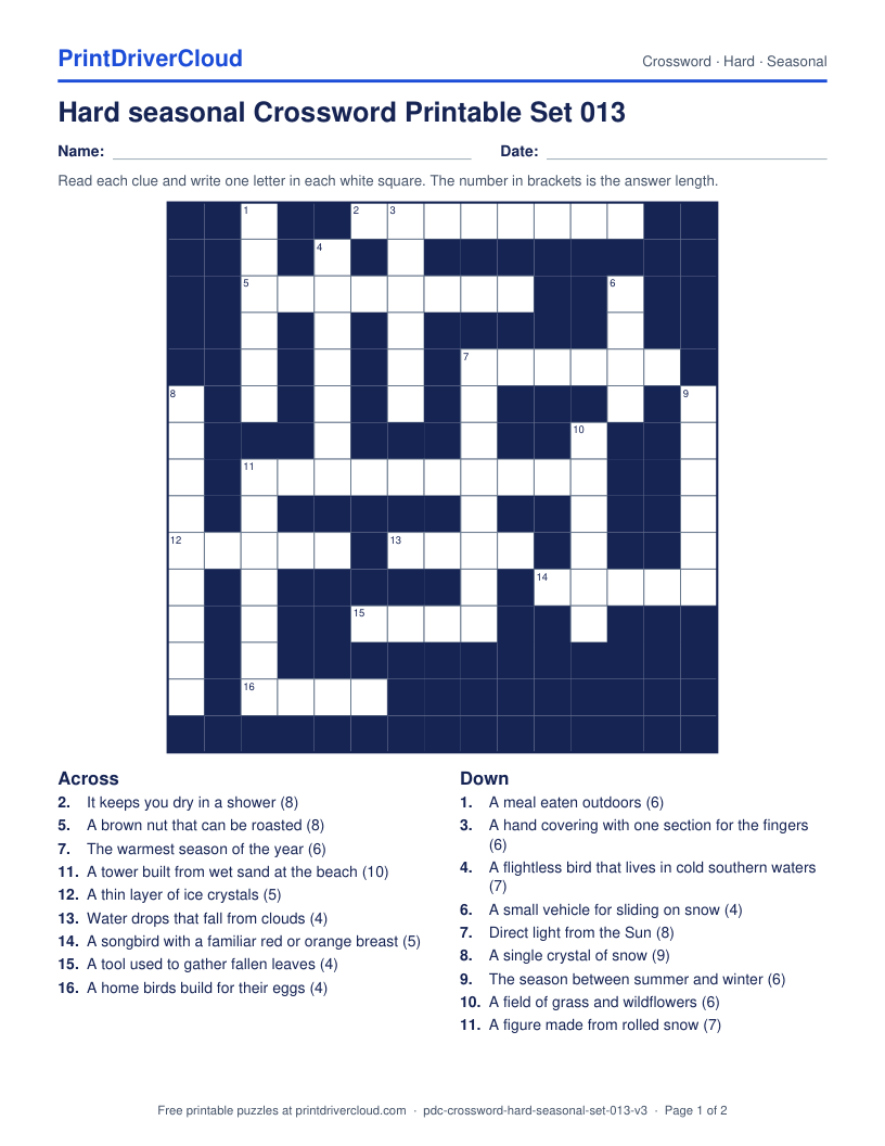 Hard Seasonal Crossword Printable Set 013 preview