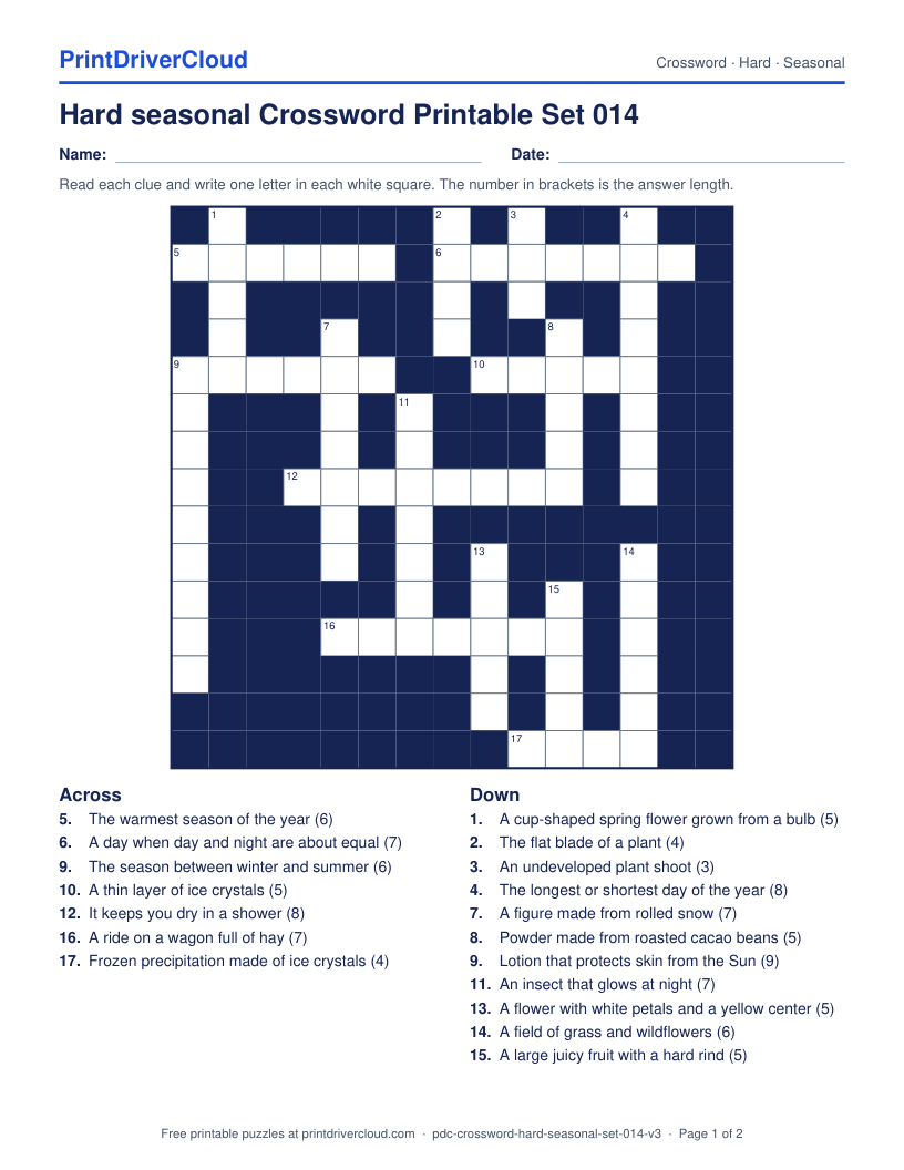 Hard Seasonal Crossword Printable Set 014 preview