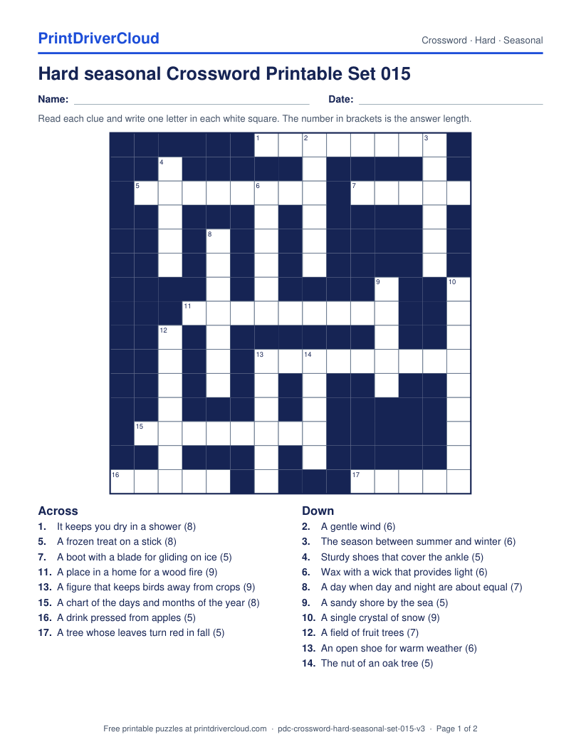 Hard Seasonal Crossword Printable Set 015 preview