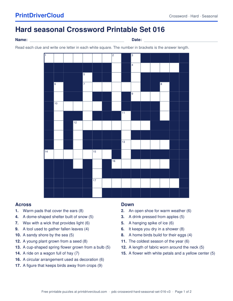 Hard Seasonal Crossword Printable Set 016 preview