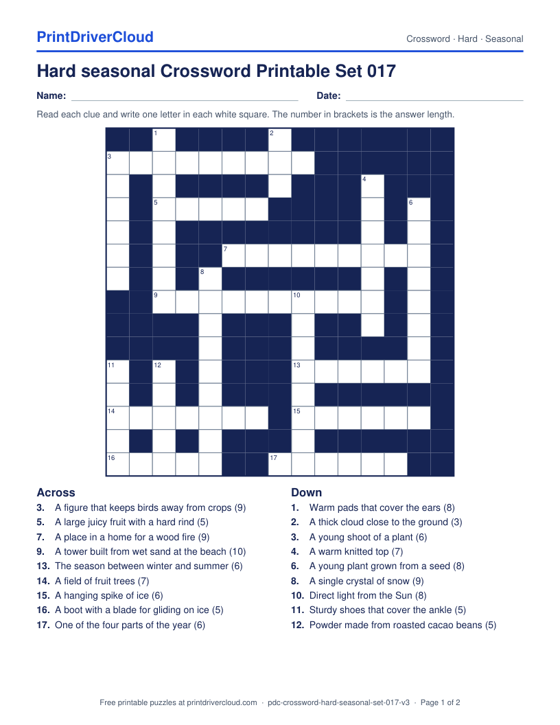 Hard Seasonal Crossword Printable Set 017 preview
