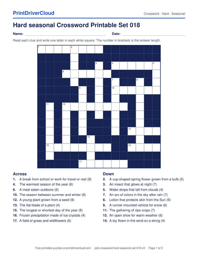 Hard Seasonal Crossword Printable Set 018 preview