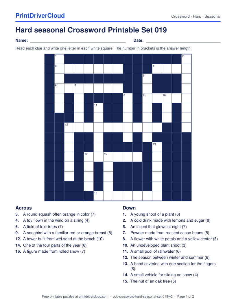 Hard Seasonal Crossword Printable Set 019 preview