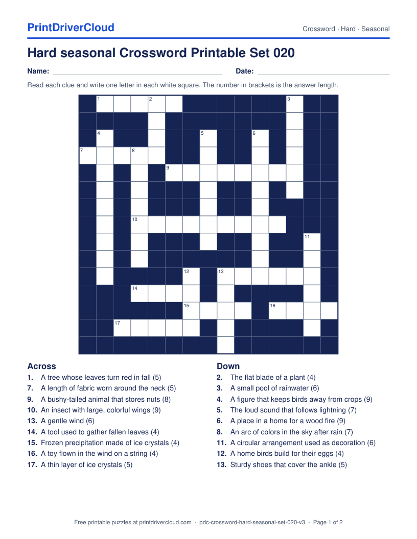 Hard Seasonal Crossword Printable Set 020 preview