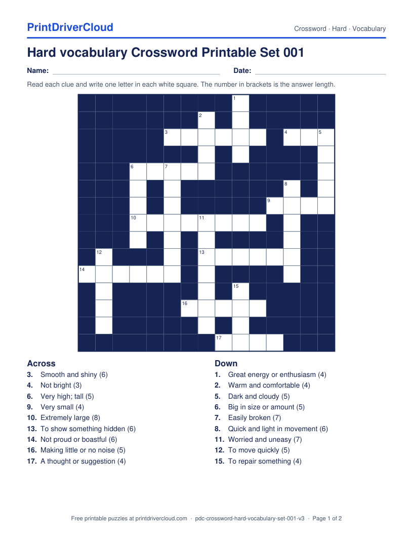 Hard Vocabulary Crossword Printable Set 001 preview