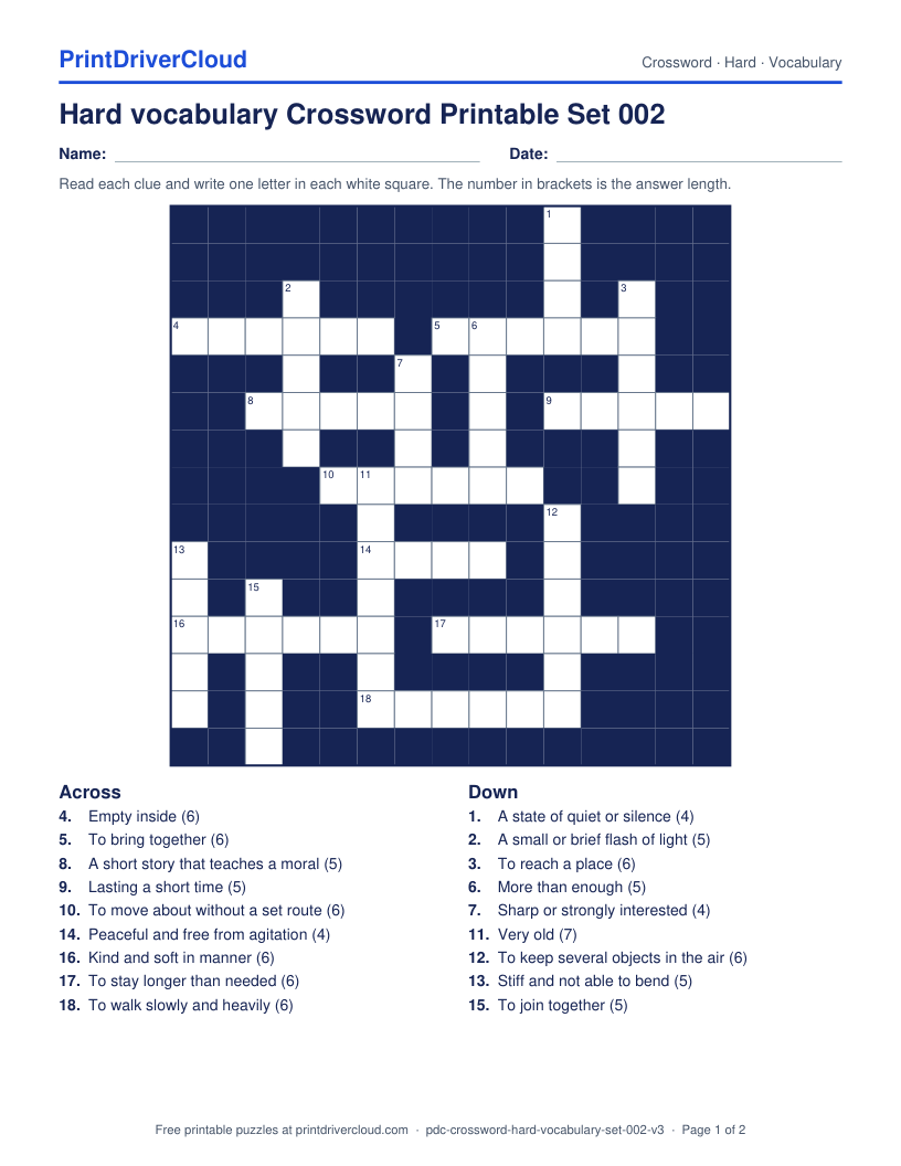 Hard Vocabulary Crossword Printable Set 002 preview