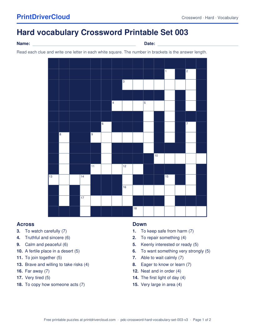 Hard Vocabulary Crossword Printable Set 003 preview