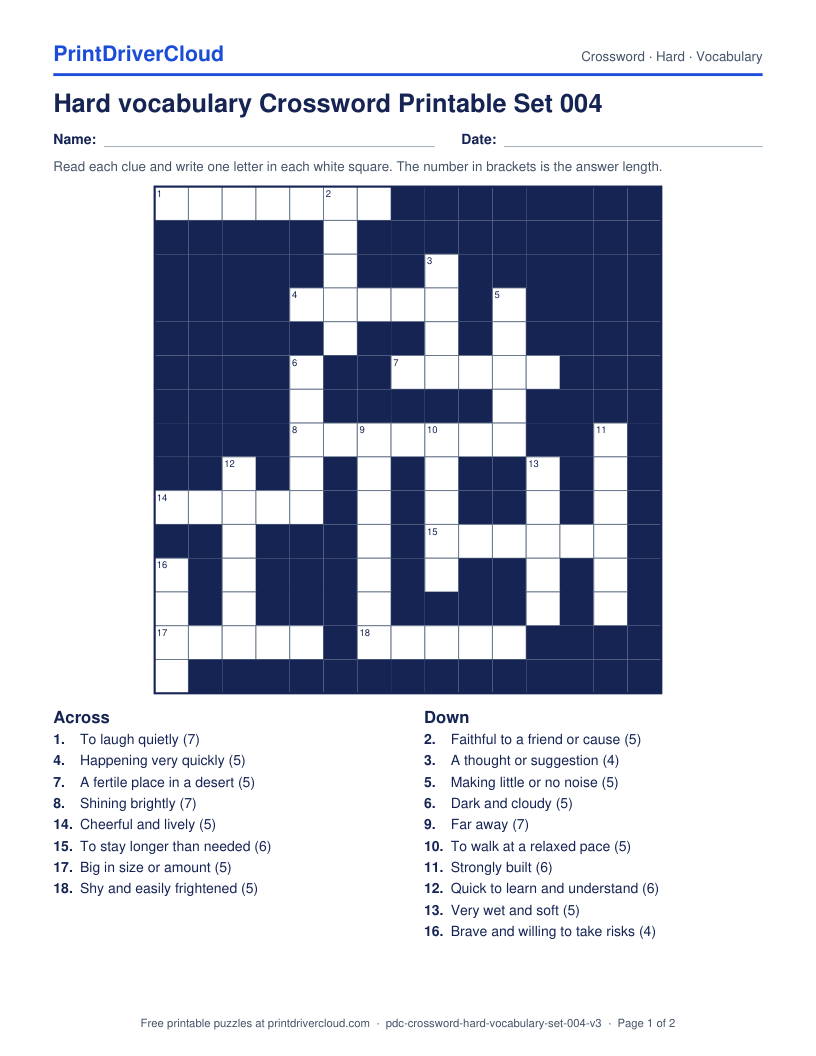 Hard Vocabulary Crossword Printable Set 004 preview