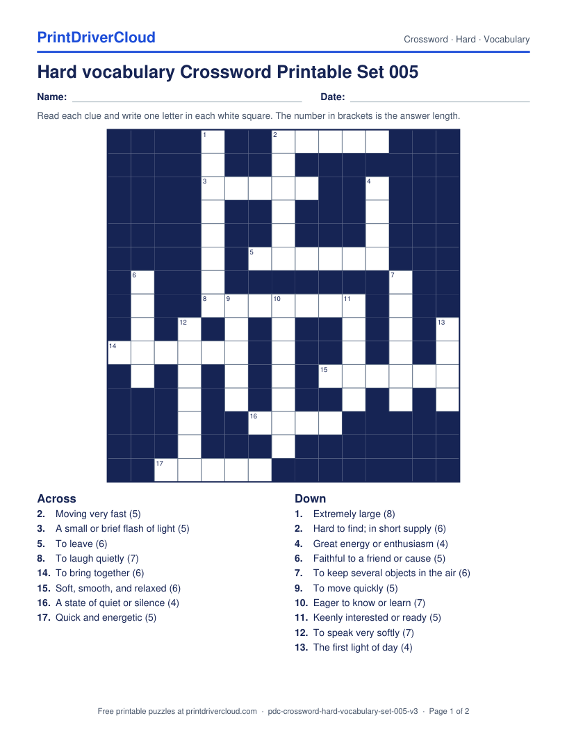 Hard Vocabulary Crossword Printable Set 005 preview