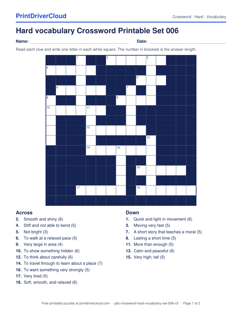 Hard Vocabulary Crossword Printable Set 006 preview