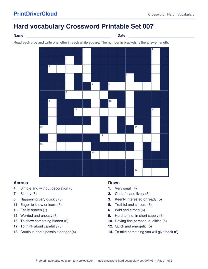 Hard Vocabulary Crossword Printable Set 007 preview