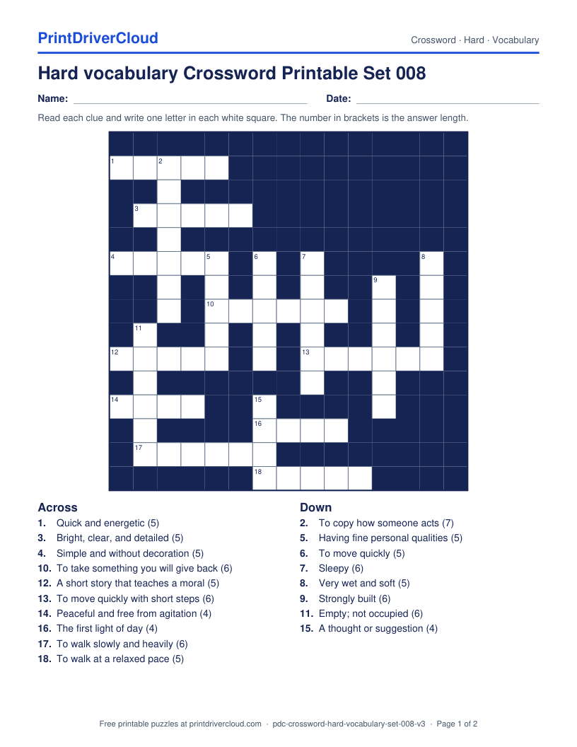 Hard Vocabulary Crossword Printable Set 008 preview