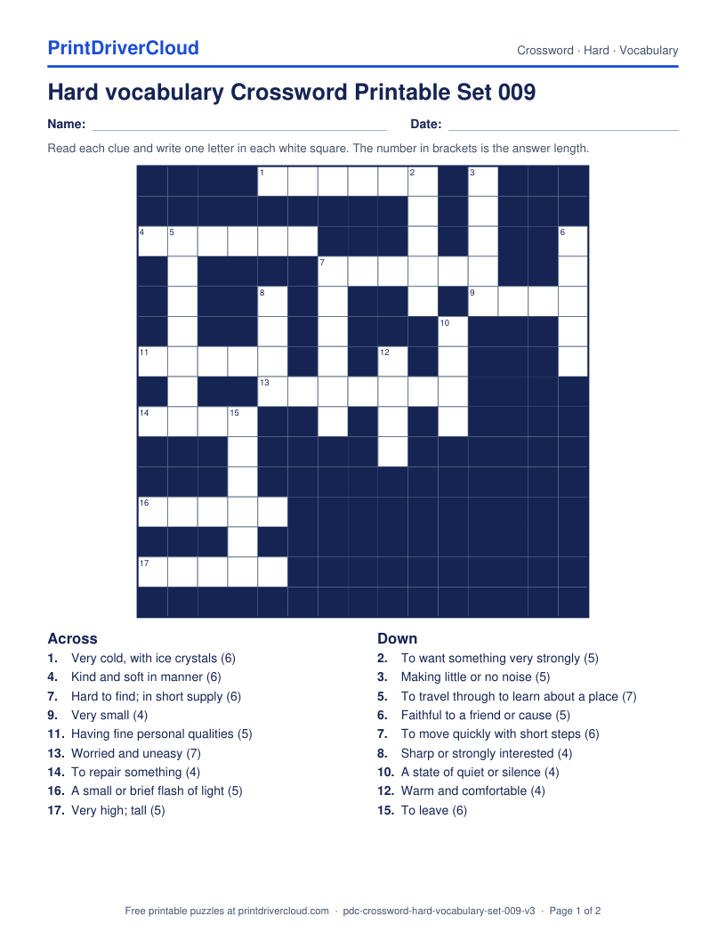 Hard Vocabulary Crossword Printable Set 009 preview