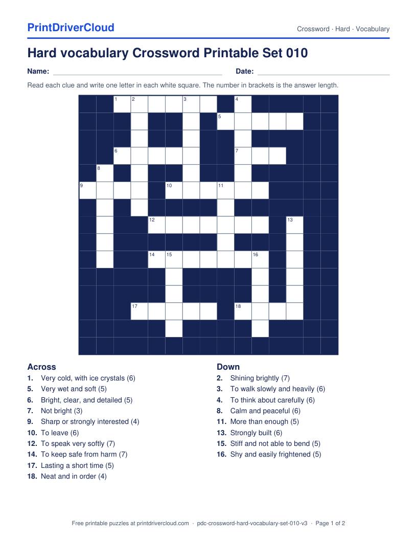Hard Vocabulary Crossword Printable Set 010 preview
