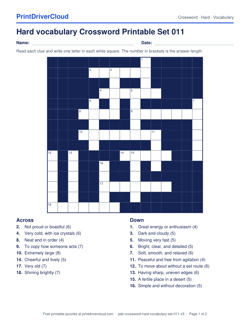 Hard Vocabulary Crossword Printable Set 011 preview