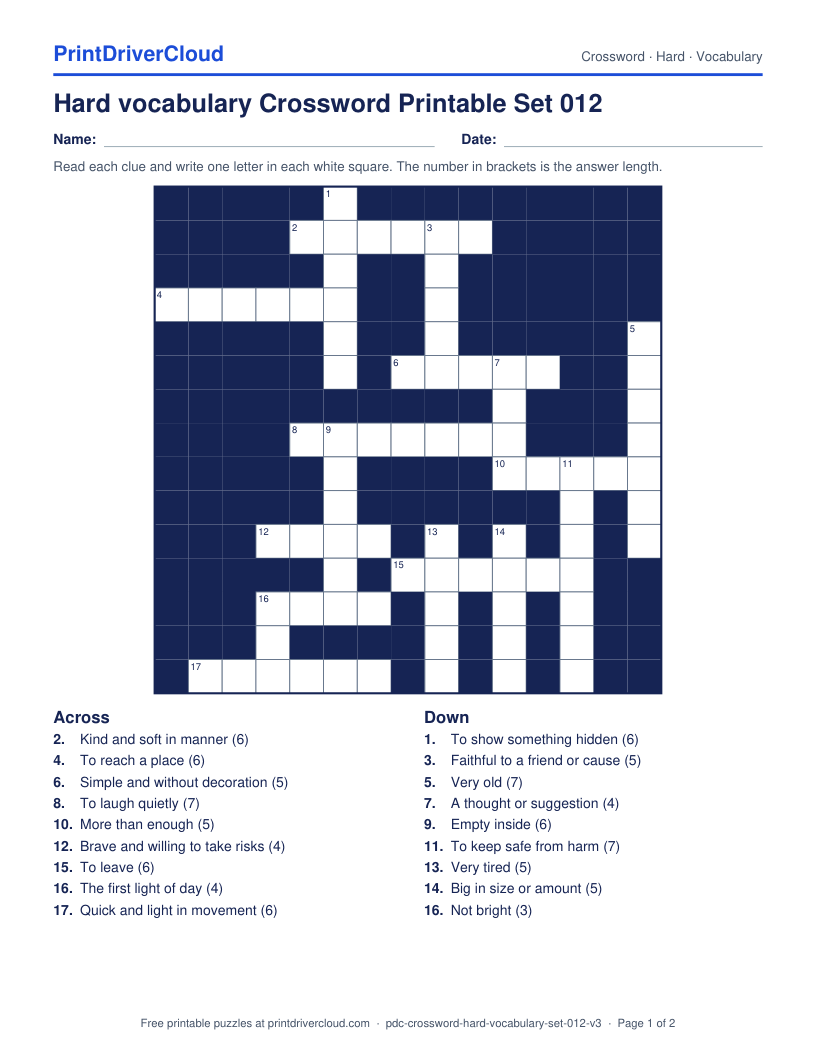 Hard Vocabulary Crossword Printable Set 012 preview