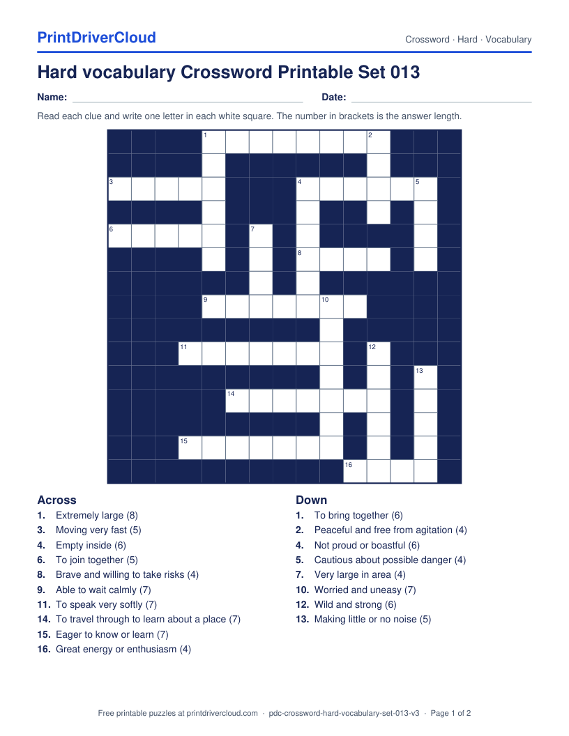 Hard Vocabulary Crossword Printable Set 013 preview