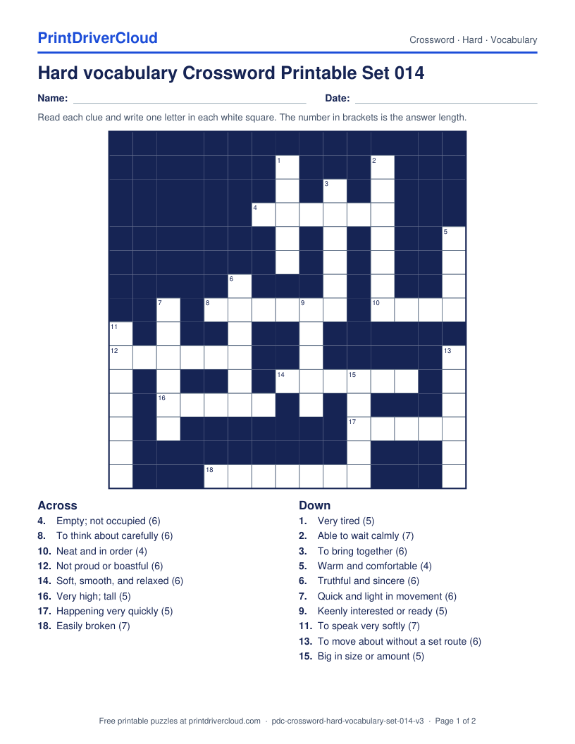 Hard Vocabulary Crossword Printable Set 014 preview